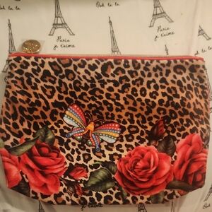 Estee Lauder Leopard Print Cosmetic Bag with Red Roses